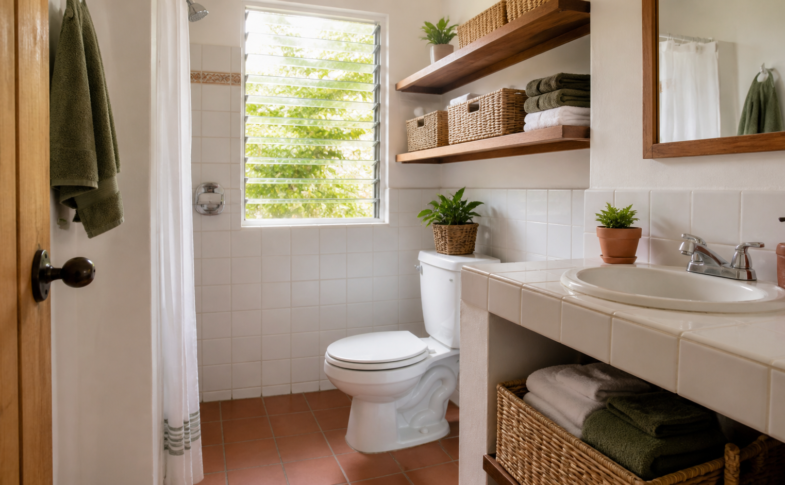 Baño mexicano pequeño con ventana abierta, repisas ordenadas, toallas dobladas y lavamanos despejado
