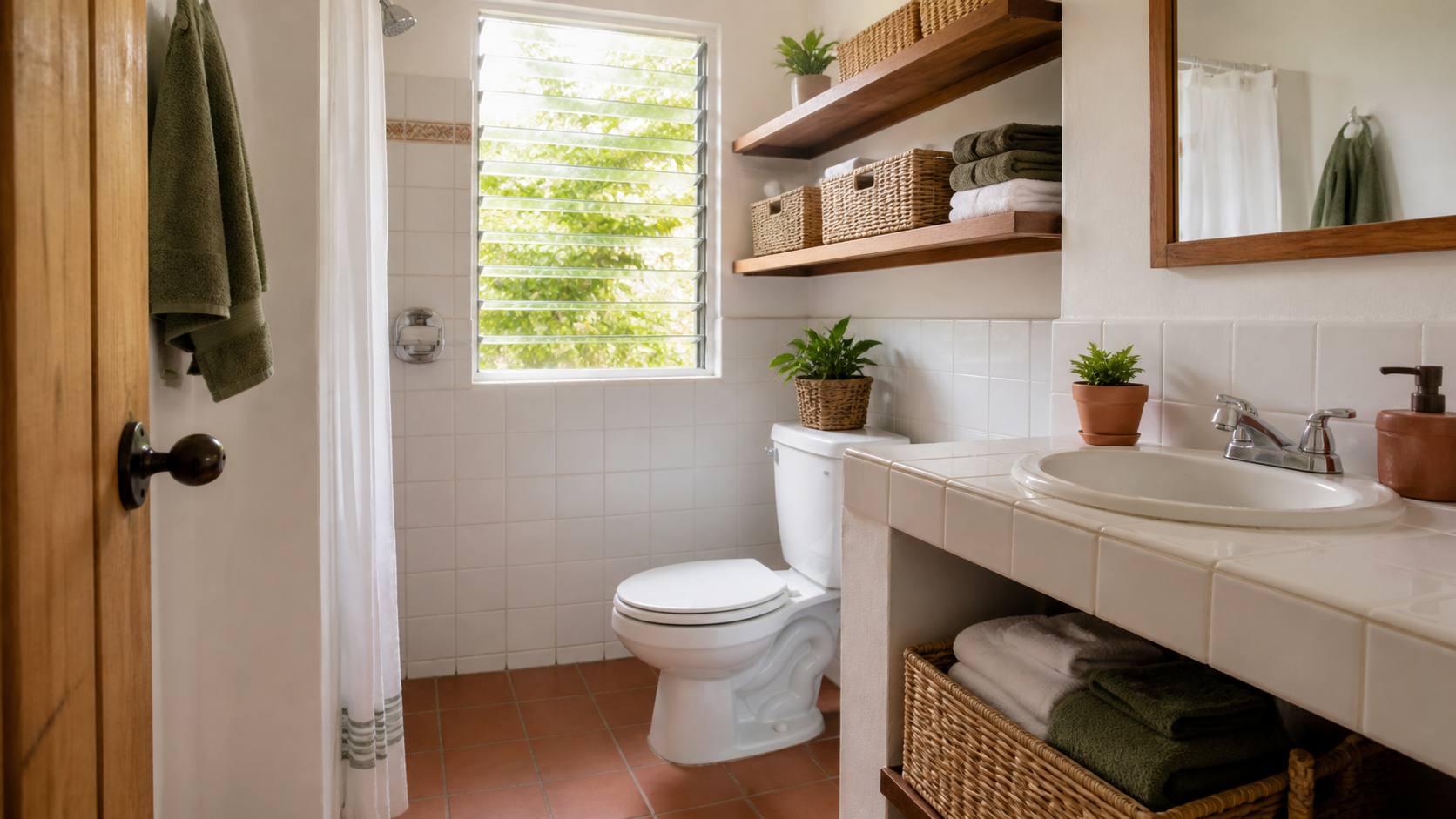 Baño mexicano pequeño con ventana abierta, repisas ordenadas, toallas dobladas y lavamanos despejado