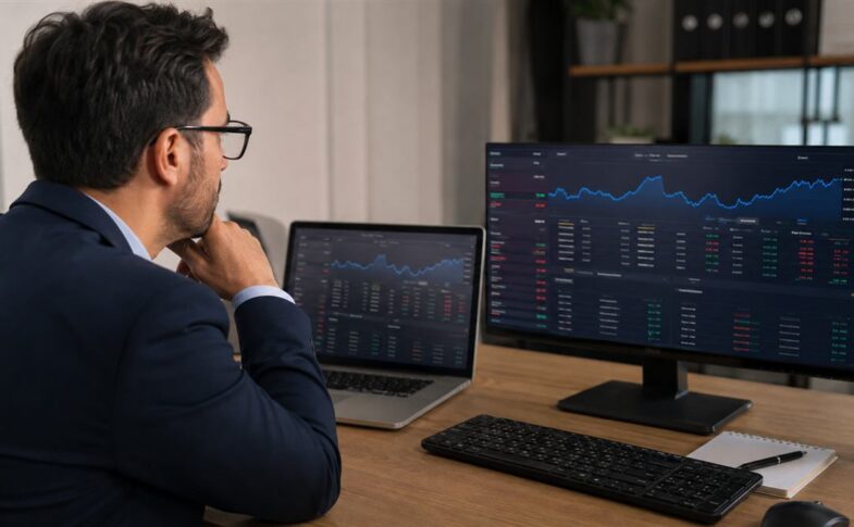 Empresaria compara cotizaciones de dólar y comisiones en una pantalla financiera