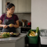 Tres recipientes domésticos separados para residuos orgánicos, reciclables y no reciclables en una cocina.