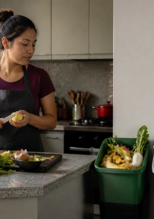 Tres recipientes domésticos separados para residuos orgánicos, reciclables y no reciclables en una cocina.
