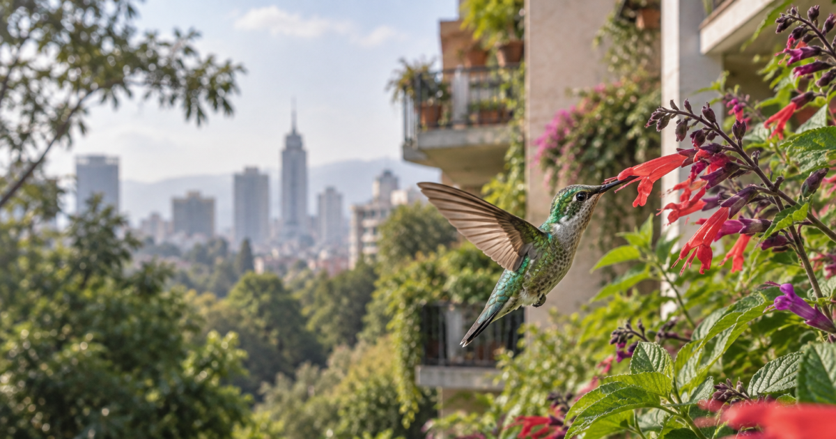 Colibrí de plumaje verde se alimenta de una flor roja en un jardín urbano con edificios de la Ciudad de México al fondo.