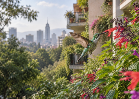 Colibrí de plumaje verde se alimenta de una flor roja en un jardín urbano con edificios de la Ciudad de México al fondo.