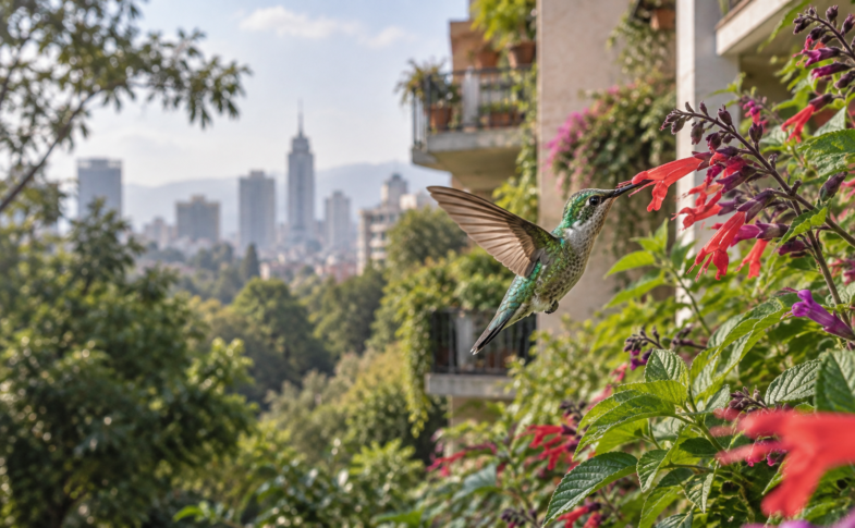 Colibrí de plumaje verde se alimenta de una flor roja en un jardín urbano con edificios de la Ciudad de México al fondo.