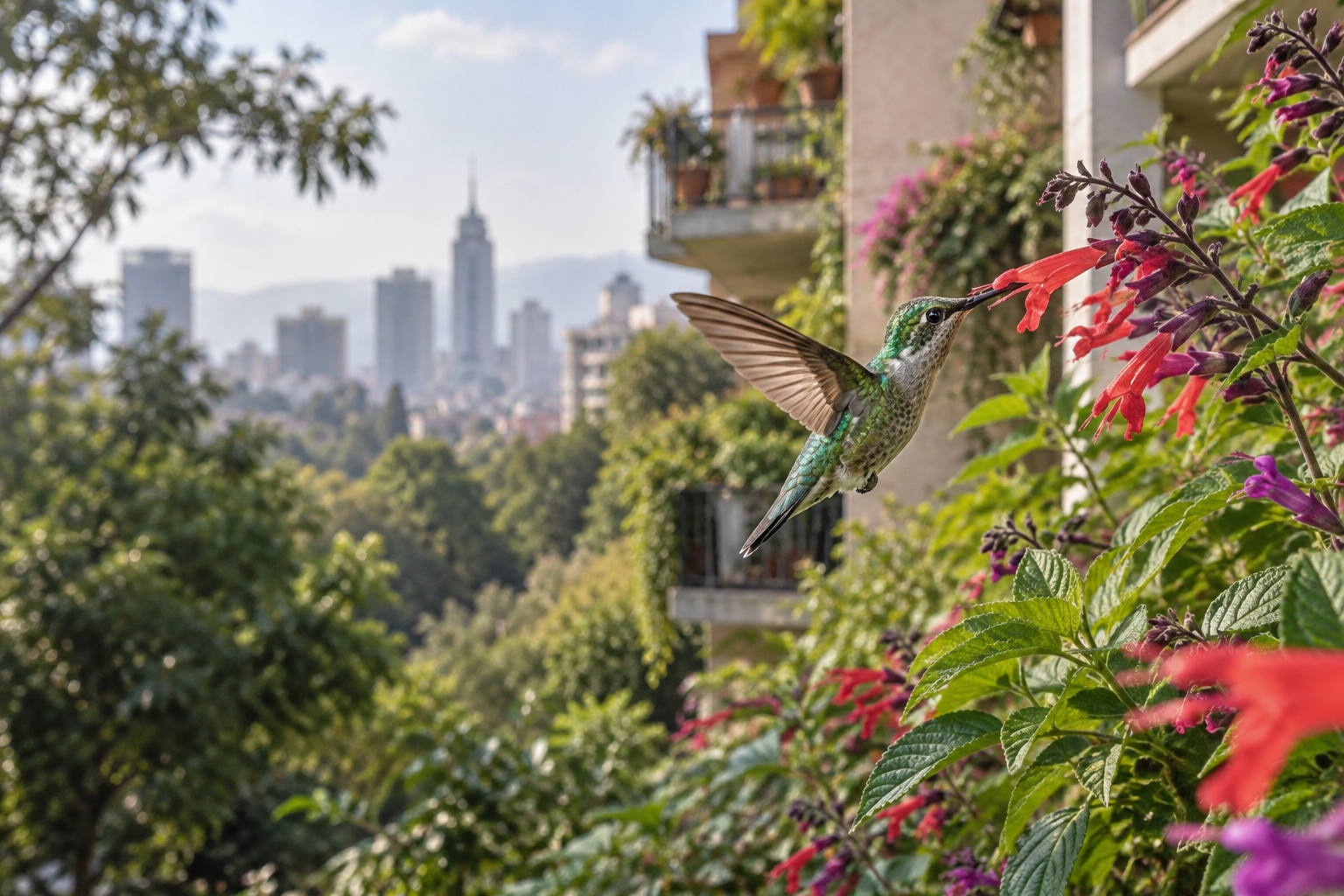 Colibrí de plumaje verde se alimenta de una flor roja en un jardín urbano con edificios de la Ciudad de México al fondo.