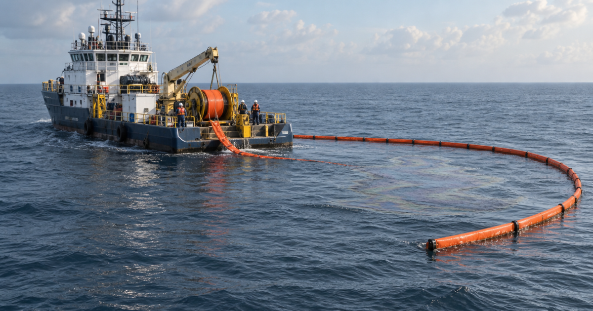Embarcación de mantenimiento despliega equipo de contención sobre una presencia de aceite crudo en el mar