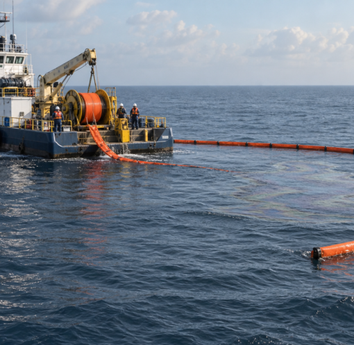 Embarcación de mantenimiento despliega equipo de contención sobre una presencia de aceite crudo en el mar