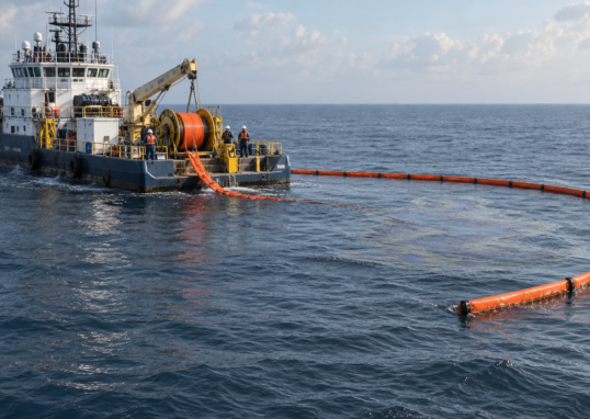 Embarcación de mantenimiento despliega equipo de contención sobre una presencia de aceite crudo en el mar