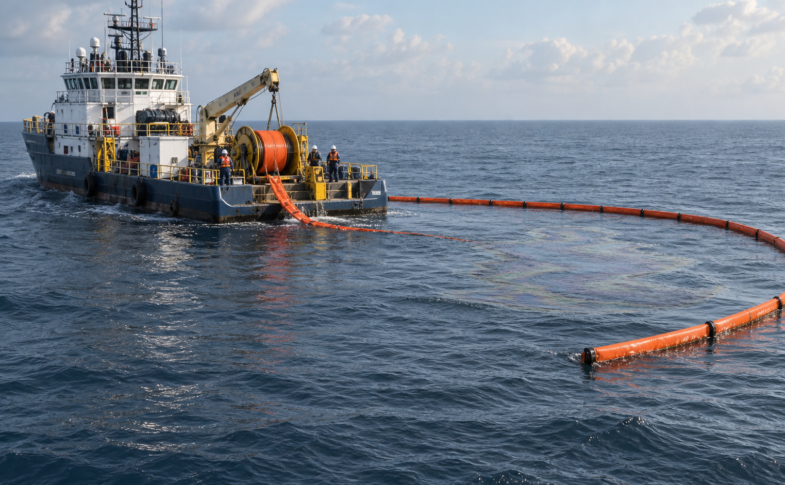 Embarcación de mantenimiento despliega equipo de contención sobre una presencia de aceite crudo en el mar