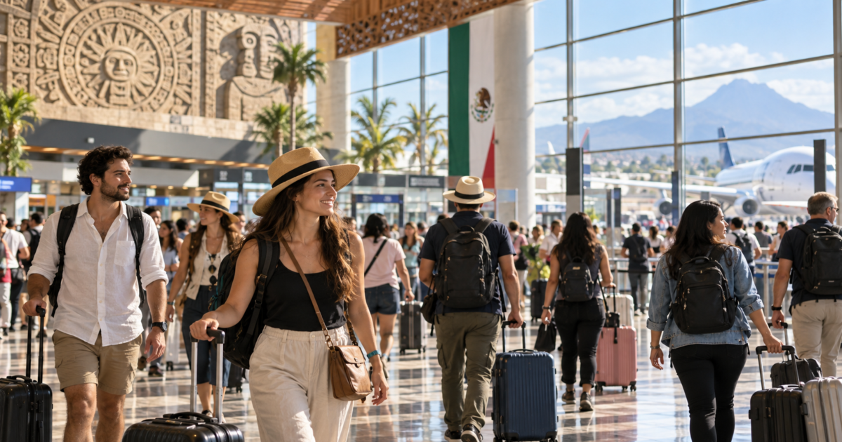 Viajeros internacionales en una terminal aérea de México; ilustración editorial generada con IA.