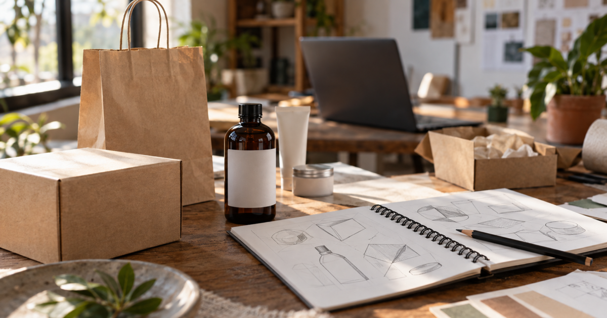 Empaques sin marca, libreta con bocetos y computadora en una mesa de trabajo; ilustración editorial generada con IA.