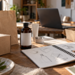 Empaques sin marca, libreta con bocetos y computadora en una mesa de trabajo; ilustración editorial generada con IA.