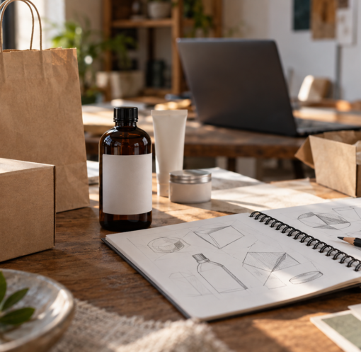 Empaques sin marca, libreta con bocetos y computadora en una mesa de trabajo; ilustración editorial generada con IA.
