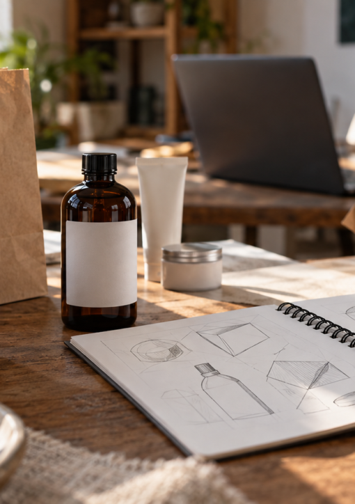 Empaques sin marca, libreta con bocetos y computadora en una mesa de trabajo; ilustración editorial generada con IA.
