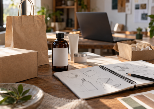 Empaques sin marca, libreta con bocetos y computadora en una mesa de trabajo; ilustración editorial generada con IA.
