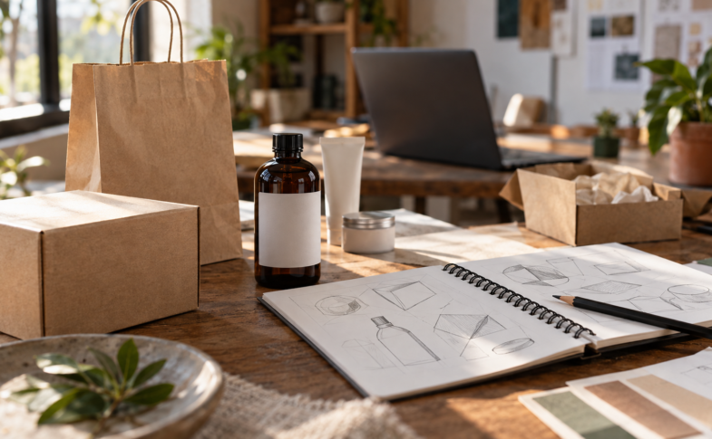 Empaques sin marca, libreta con bocetos y computadora en una mesa de trabajo; ilustración editorial generada con IA.
