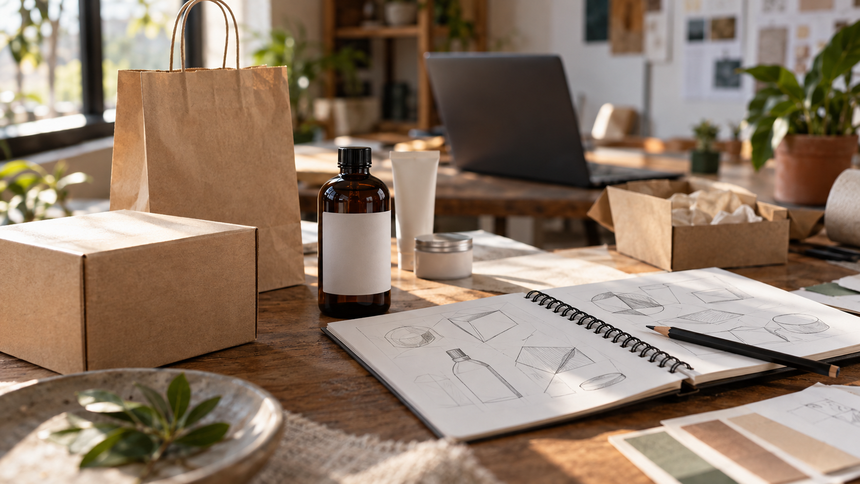 Empaques sin marca, libreta con bocetos y computadora en una mesa de trabajo; ilustración editorial generada con IA.