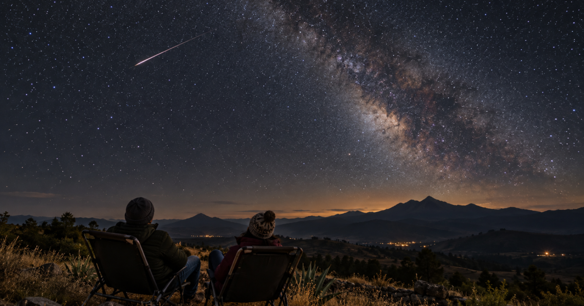 Personas observando un cielo nocturno con una estela de meteoro sobre montañas; ilustración generada con IA.