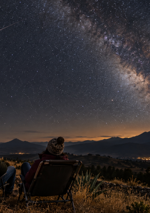 Personas observando un cielo nocturno con una estela de meteoro sobre montañas; ilustración generada con IA.