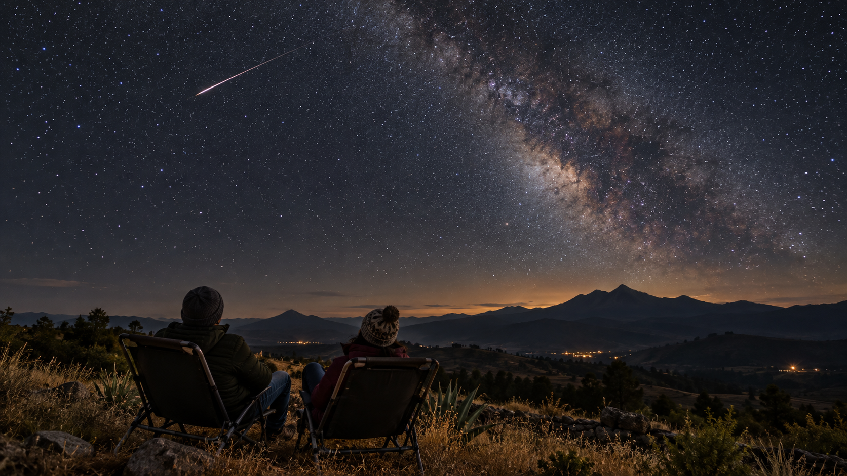 Personas observando un cielo nocturno con una estela de meteoro sobre montañas; ilustración generada con IA.