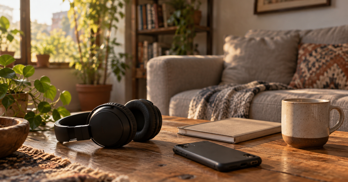 Auriculares negros, teléfono boca abajo, libreta y taza sobre una mesa junto a un sofá; ilustración editorial generada con IA.