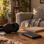 Auriculares negros, teléfono boca abajo, libreta y taza sobre una mesa junto a un sofá; ilustración editorial generada con IA.