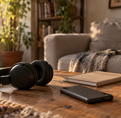 Auriculares negros, teléfono boca abajo, libreta y taza sobre una mesa junto a un sofá; ilustración editorial generada con IA.
