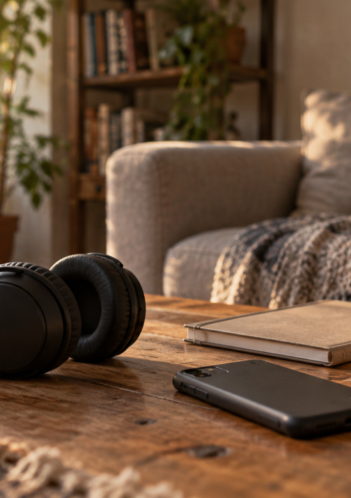 Auriculares negros, teléfono boca abajo, libreta y taza sobre una mesa junto a un sofá; ilustración editorial generada con IA.