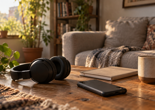 Auriculares negros, teléfono boca abajo, libreta y taza sobre una mesa junto a un sofá; ilustración editorial generada con IA.