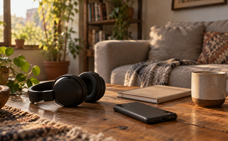 Auriculares negros, teléfono boca abajo, libreta y taza sobre una mesa junto a un sofá; ilustración editorial generada con IA.