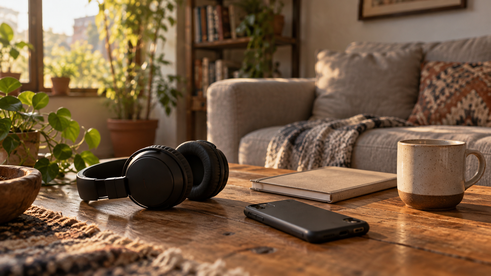 Auriculares negros, teléfono boca abajo, libreta y taza sobre una mesa junto a un sofá; ilustración editorial generada con IA.