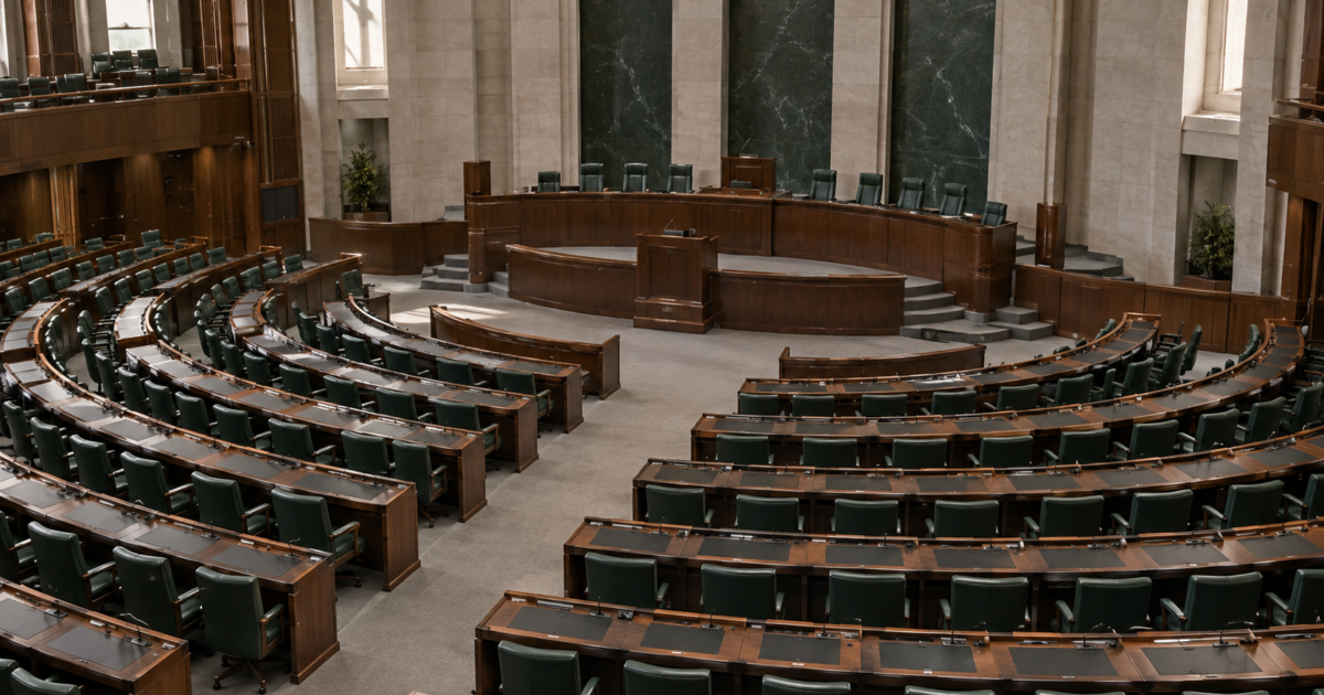 Recreación conceptual de una cámara legislativa vacía con asientos verdes.