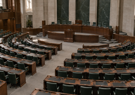Recreación conceptual de una cámara legislativa vacía con asientos verdes.