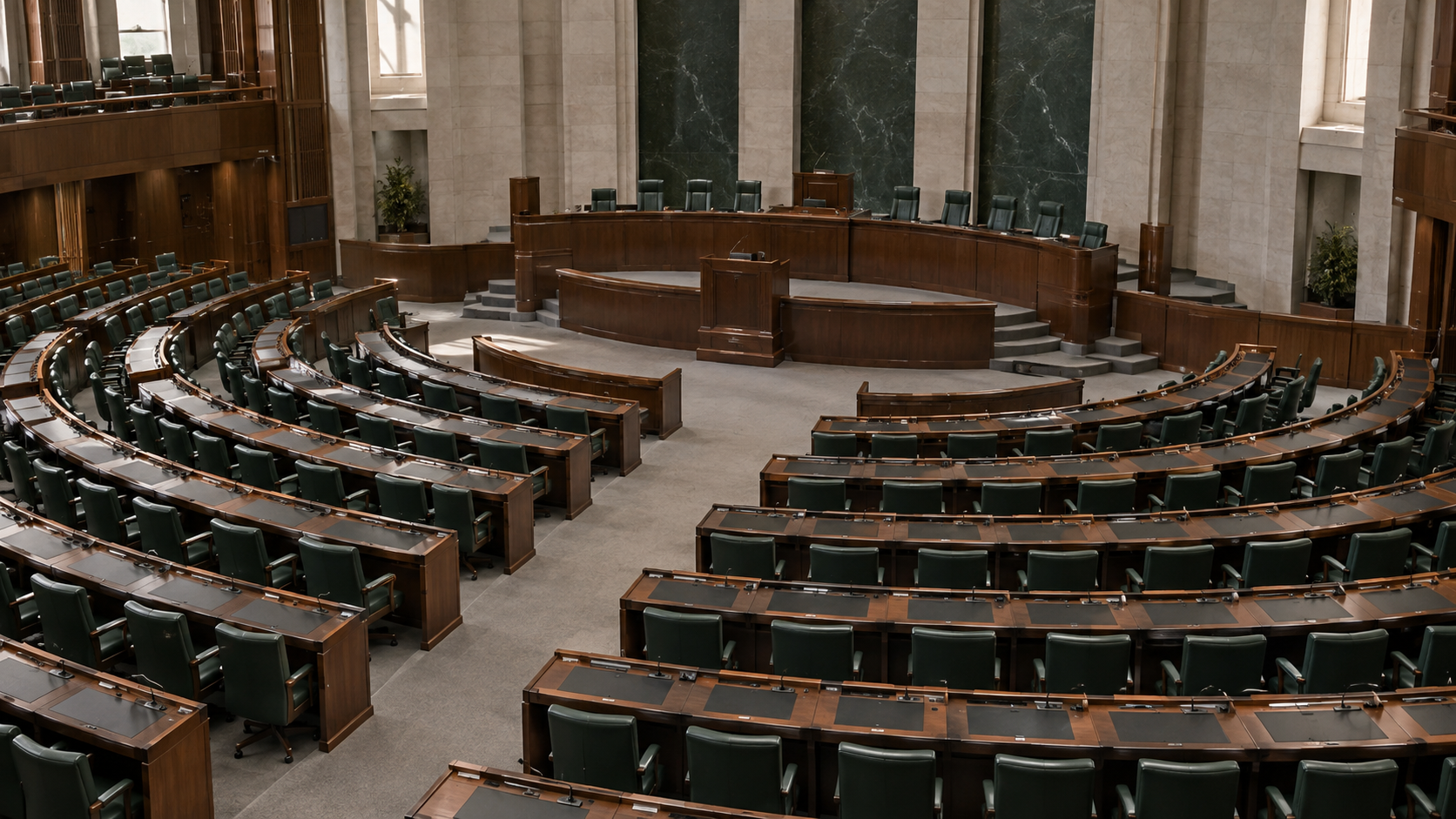 Recreación conceptual de una cámara legislativa vacía con asientos verdes.