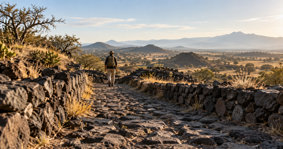 Sendero de piedra volcánica y una persona con mochila en un paisaje semiárido; recreación ambiental generada con IA.