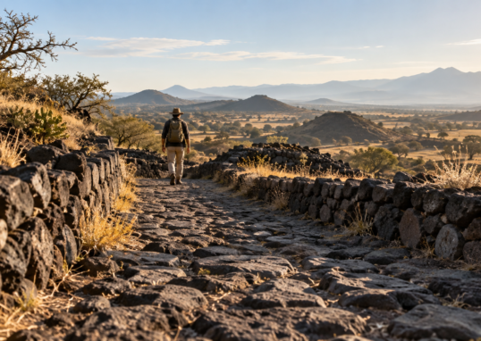 Sendero de piedra volcánica y una persona con mochila en un paisaje semiárido; recreación ambiental generada con IA.