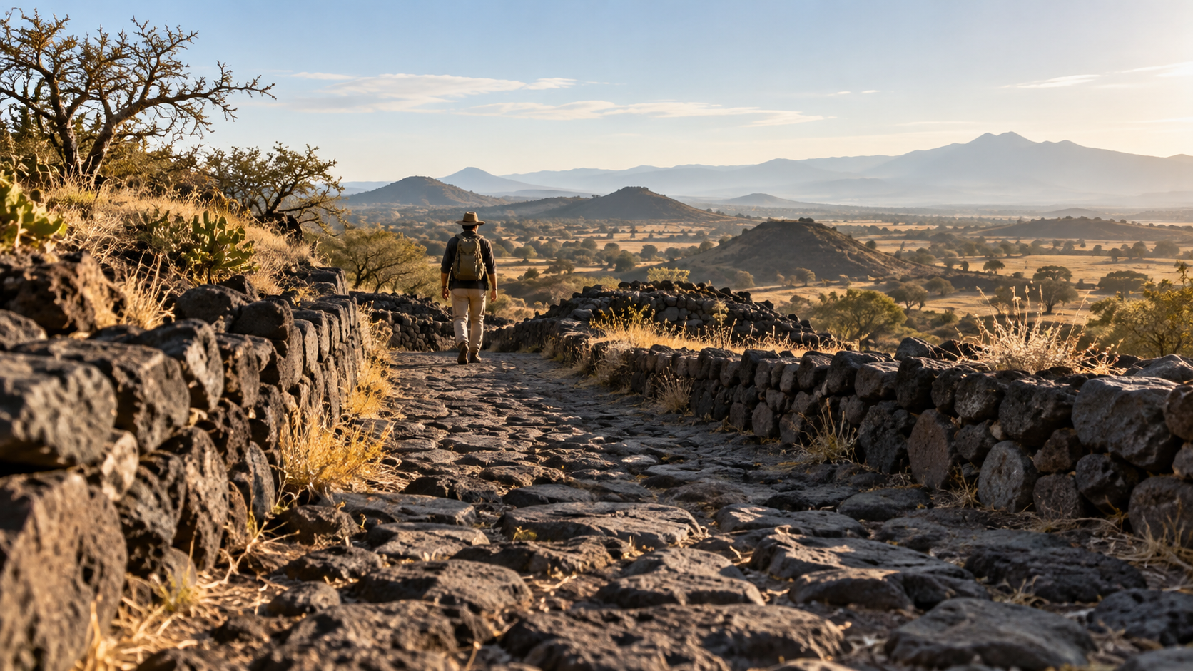 Sendero de piedra volcánica y una persona con mochila en un paisaje semiárido; recreación ambiental generada con IA.