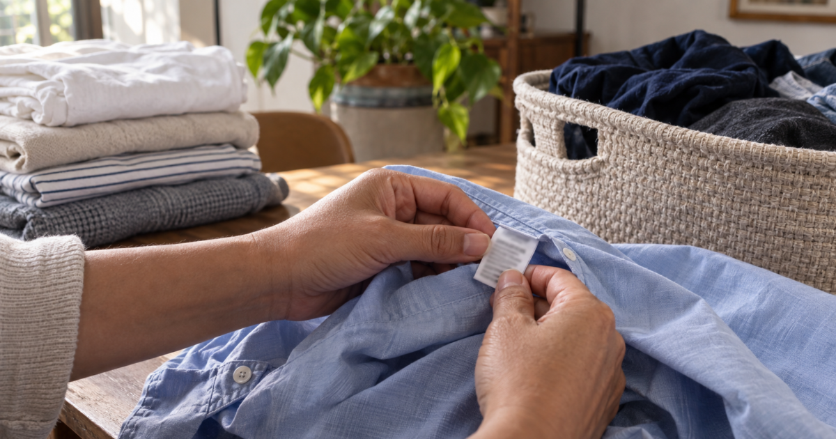 Manos revisando la etiqueta de una camisa azul junto a ropa y una cesta; ilustración editorial generada con IA.