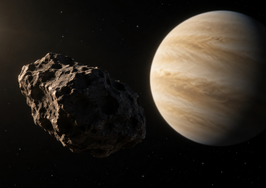Recreación conceptual de un asteroide rocoso con Venus al fondo; ilustración generada con IA, sin escala orbital.