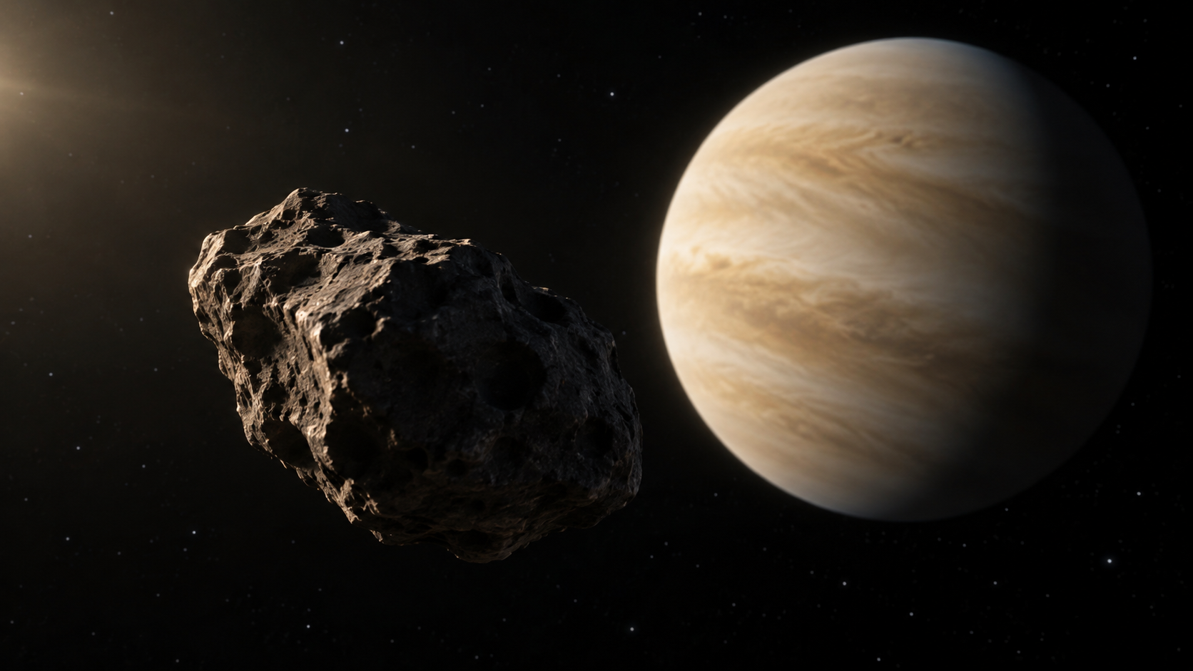 Recreación conceptual de un asteroide rocoso con Venus al fondo; ilustración generada con IA, sin escala orbital.