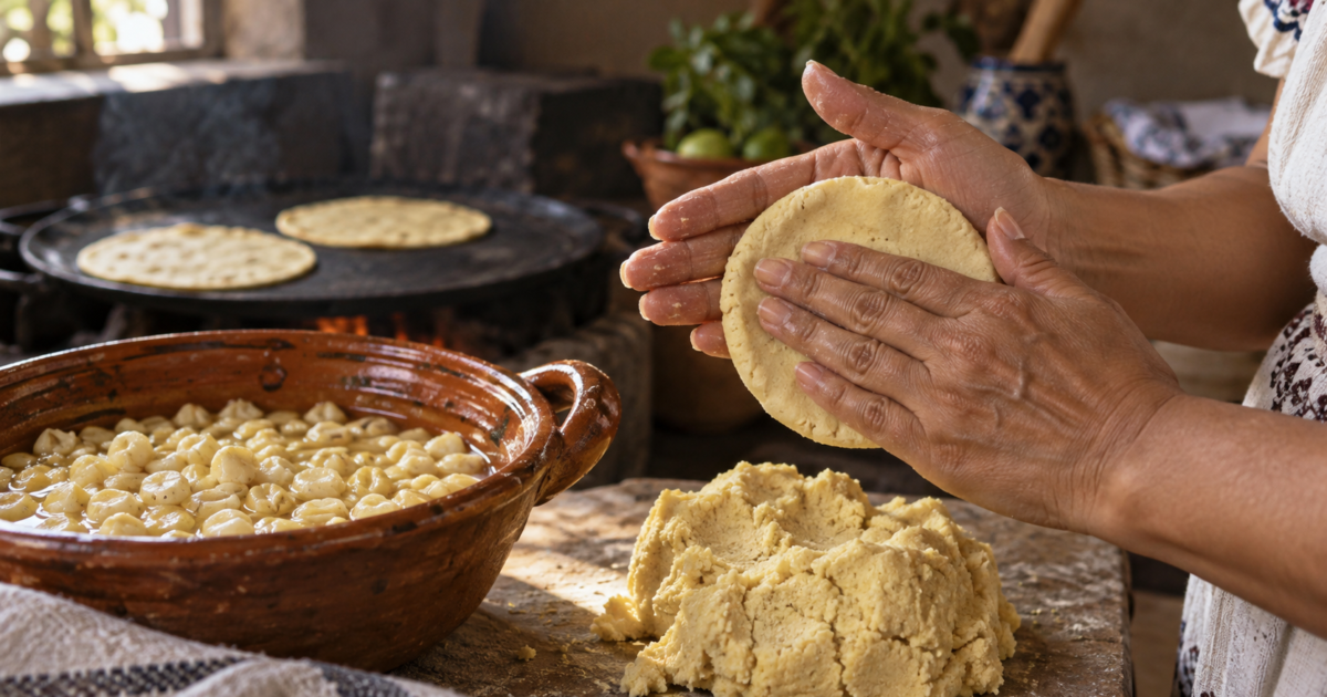 Manos formando una tortilla de masa junto a maíz cocido, con un comal al fondo; ilustración generada con IA.