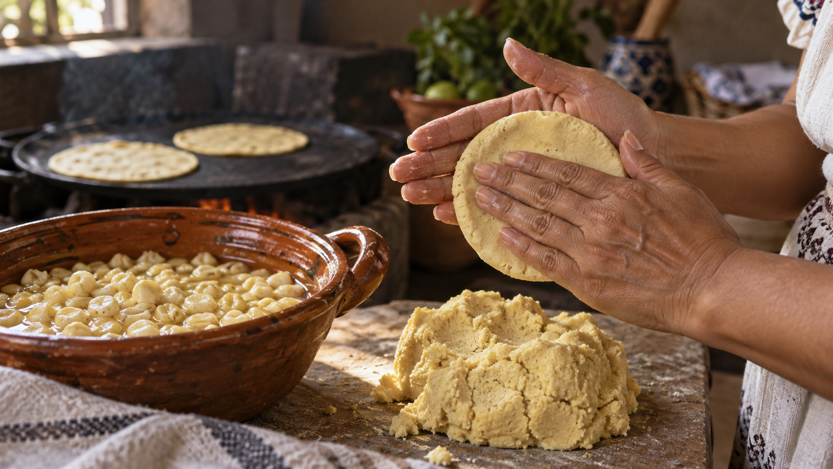 Manos formando una tortilla de masa junto a maíz cocido, con un comal al fondo; ilustración generada con IA.