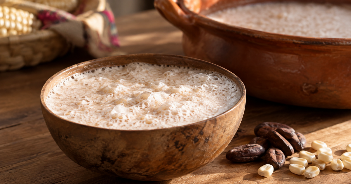 Jícara con bebida beige y espuma blanca grumosa, con granos de cacao y maíz sobre una mesa; ilustración generada con IA.