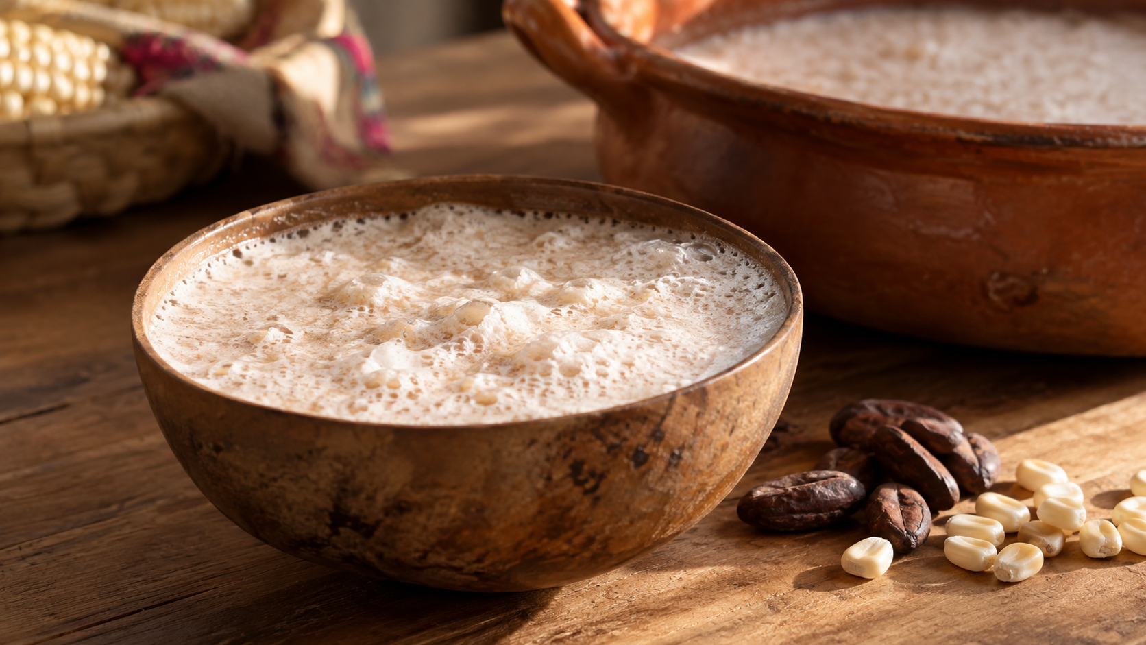 Jícara con bebida beige y espuma blanca grumosa, con granos de cacao y maíz sobre una mesa; ilustración generada con IA.