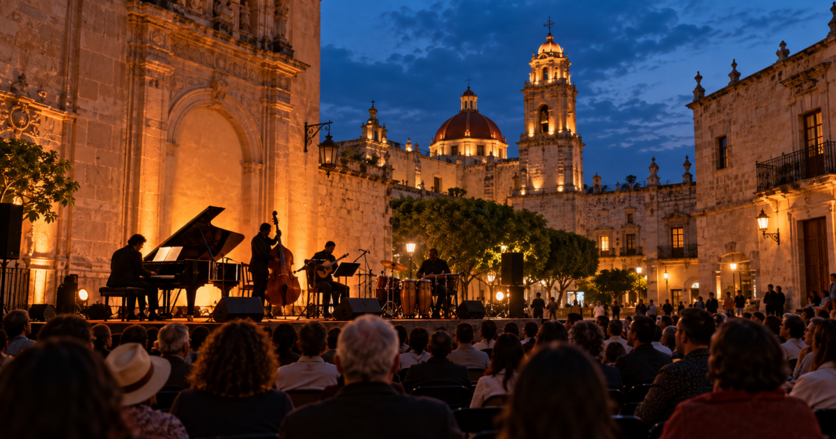 Plaza colonial con escenario y público al anochecer; ilustración cultural generada con IA.