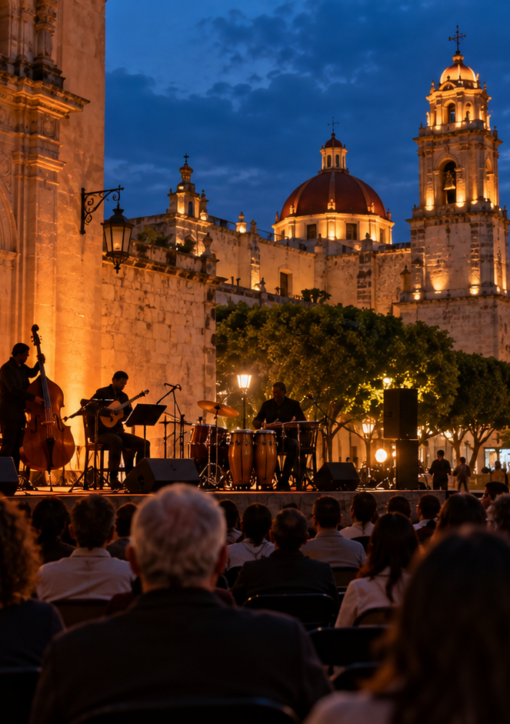 Plaza colonial con escenario y público al anochecer; ilustración cultural generada con IA.
