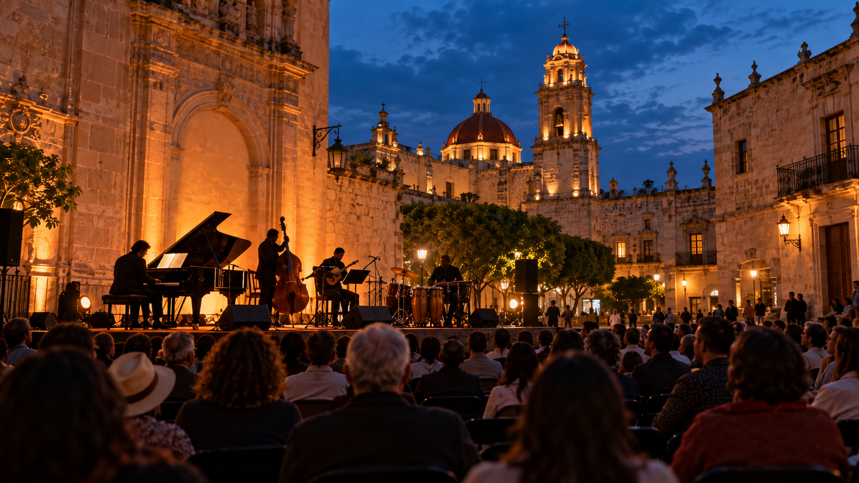 Plaza colonial con escenario y público al anochecer; ilustración cultural generada con IA.
