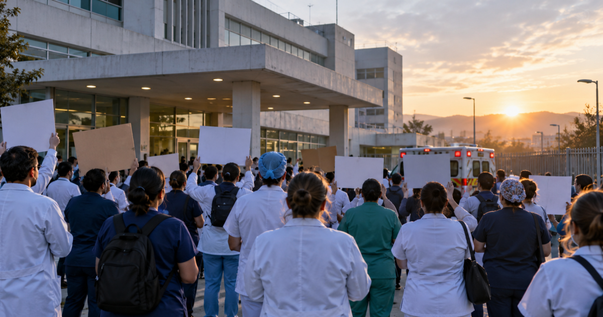 Trabajadores de la salud frente a un hospital del IMSS; ilustración editorial generada con IA.