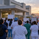 Trabajadores de la salud frente a un hospital del IMSS; ilustración editorial generada con IA.