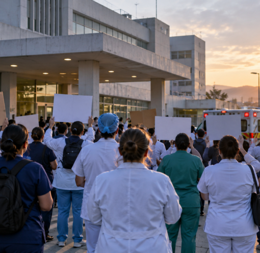 Trabajadores de la salud frente a un hospital del IMSS; ilustración editorial generada con IA.